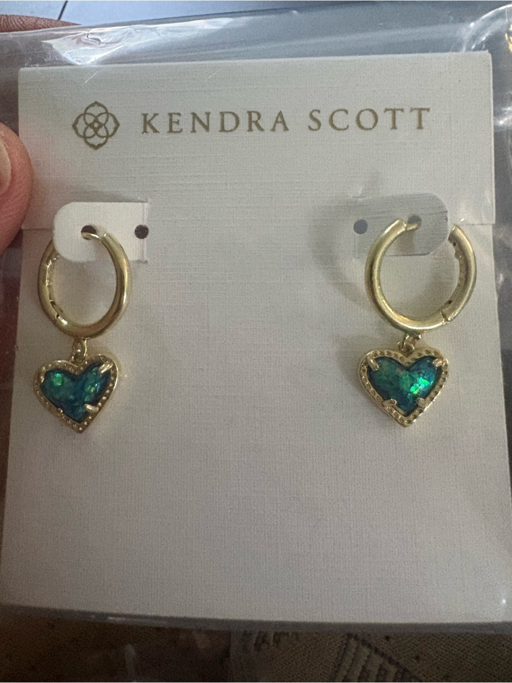 Kendra Scott Gold Hoop Earrings with Teal Opal Ari Heart Drops